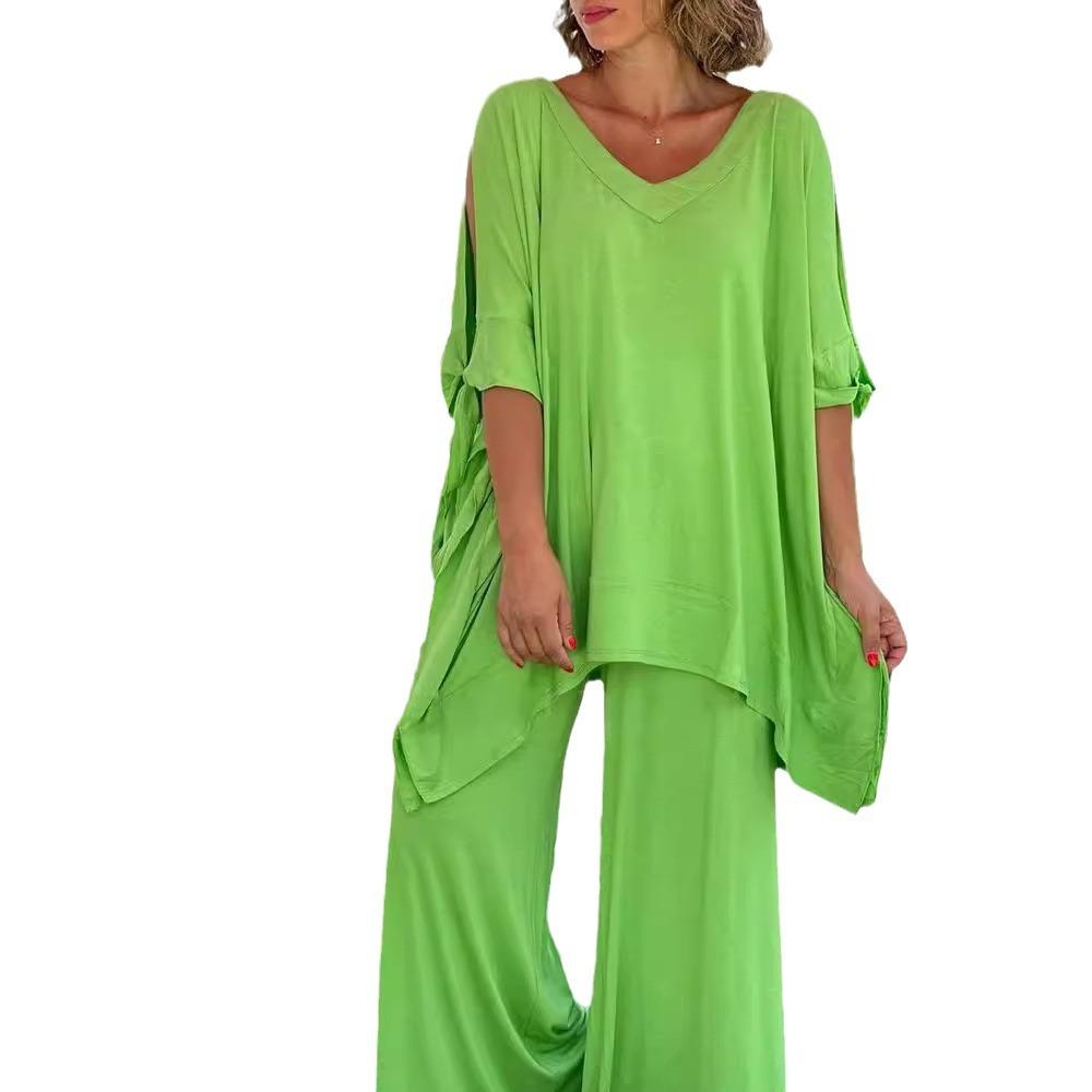 Dámská volná Boho dvoudílná sada Ležérní svetr s krátkým rukávem Top Široké kalhoty Souprava oversized letní outfity