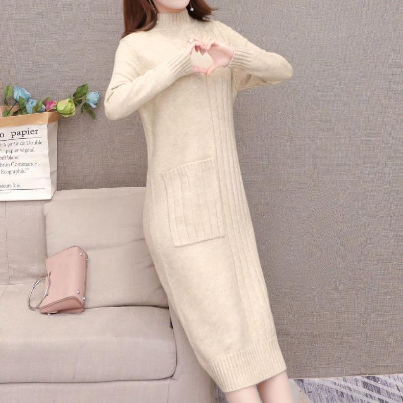 Knitted Dress for Women In Autumn and Winter Korean Style Loose Mid-length Pullover Solid Color Half Turtleneck Sweater Dress