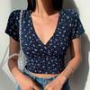 Frauen Sommer Top V-ausschnitt Kurzarm Taille-ausgesetzt Kleine Blume Drucken Pullover Weiche Atmungsaktive Retro Slim Fit Dame süße T-shirt