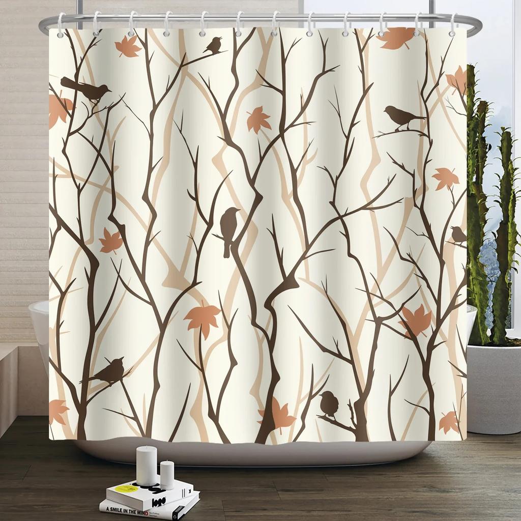 Forest Animals Shower Curtain jungle Trees Plant Wildlife Bird Bear Elk Fox Deer Modern Minimalist Kids Bathroom Shower Curtain