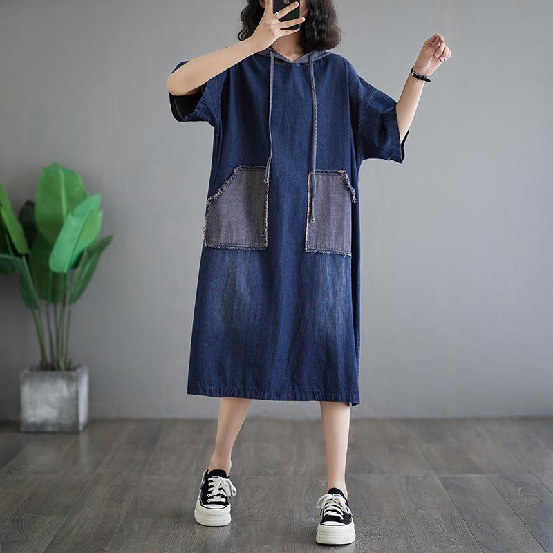 Plus Size Dress Mid Long Loose Casual Fashionable Hooded Short Sleeved Denim Dresses 2025 Women Summer Loose Hole Dress