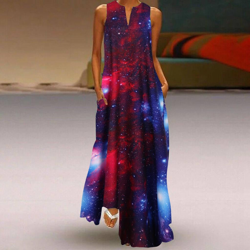Fashion 3D Star Print V-Neck Sleeveless Long Maxi Comfortable Dress Lightweight High Recognition Elegant with Flattering Chic Dress for Party