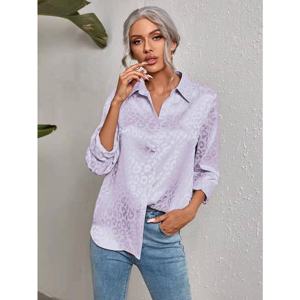 Women's Lapel Long Sleeve Shirt Loose Leopard Jacquard Satin Blouse For Spring Summer