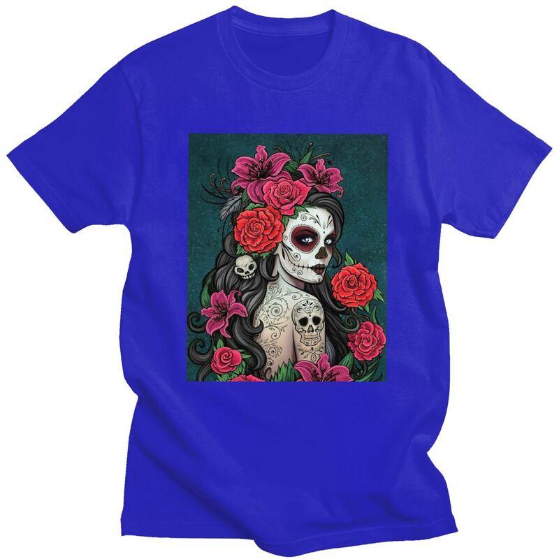 Custom Mexican Catrina Sugar Skull Lady Tshirts for Men Short Sleeve Casual T Shirt Tshirt Pure Cotton Tee Gift