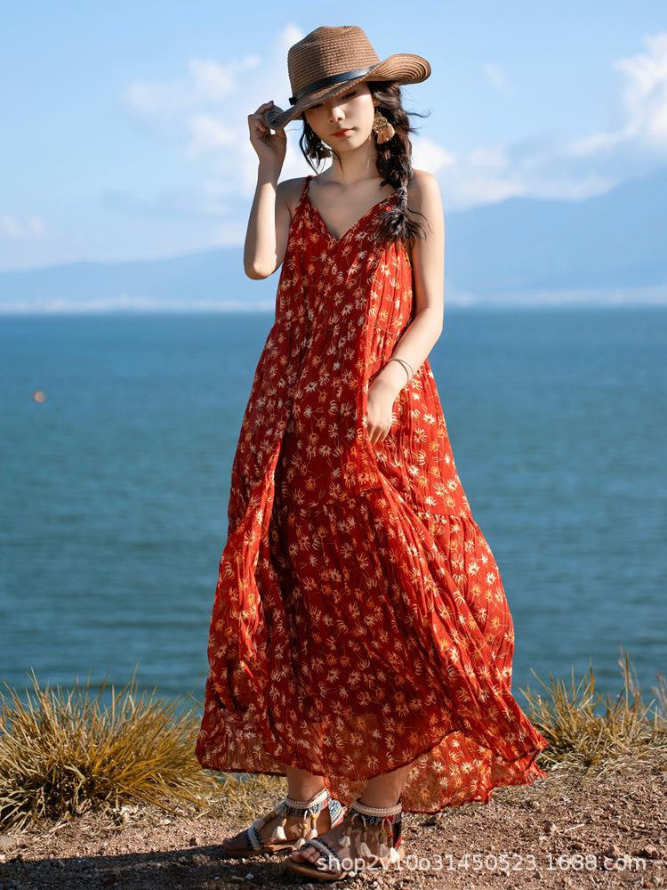 Dream Horse Retro Vacation Long Skirt Yunnan Big Northwest Red Dress Bohemian Suspender Dress Backless Woman