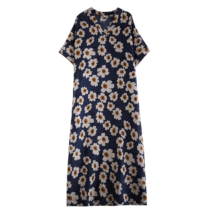 DIMANAF 2024 Plus Size Dress Women Summer V-Neck Sundress Bohemian Floral Print Loose Big Oversize Maxi Dress 9048