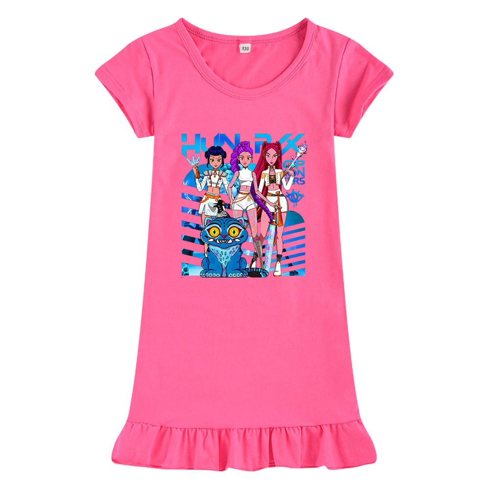 M1231 Kids Girls Kpop Rumi Zoey Mira Print Short Sleeves Ruffle Dress