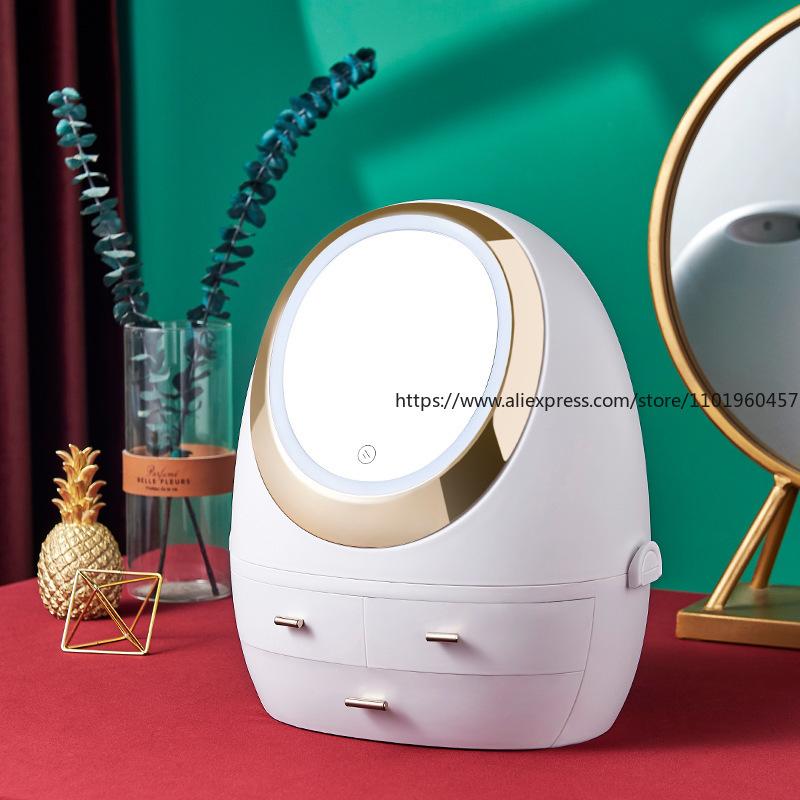 Schubladen-Kosmetik-Organizer mit LED-Spiegel, tragbare staubdichte Schreibtisch-Aufbewahrungsbox für Hautpflege und Make-up