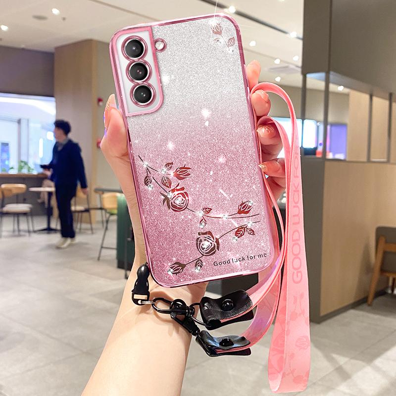 KADEM For Samsung Galaxy S21 4G/5G Case TPU Glitter Phone Cover with Strap
