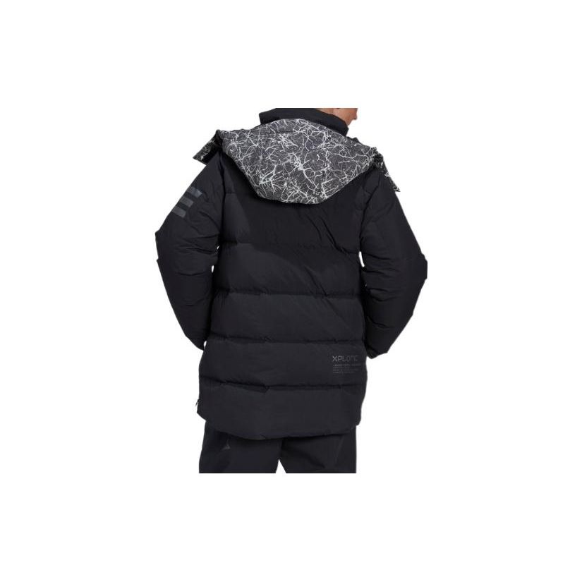 adidas Patchwork Pattern Zip-Up Stand Collar Hooded Down Jacket Women Outerwear Black HN6941