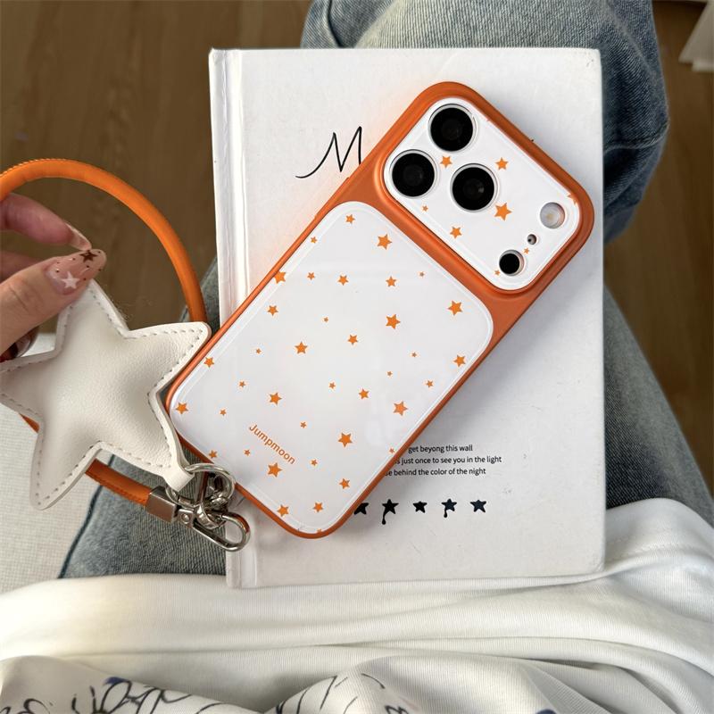 Kawaii Orange Star Phone Case With Star Wrist Strap For iPhone 14 15 16 17 Pro Max INS Cute Shockproof Protective Cover