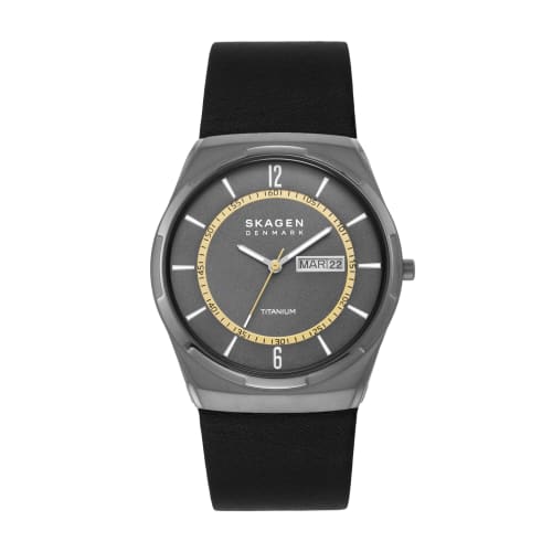 

MELBYE TITANIUM Three-Hand Day-Date Black Leather Watch