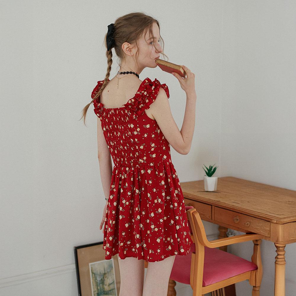 Deondeulob Dd_Ruffle Neck Floral Mini Dress_Red