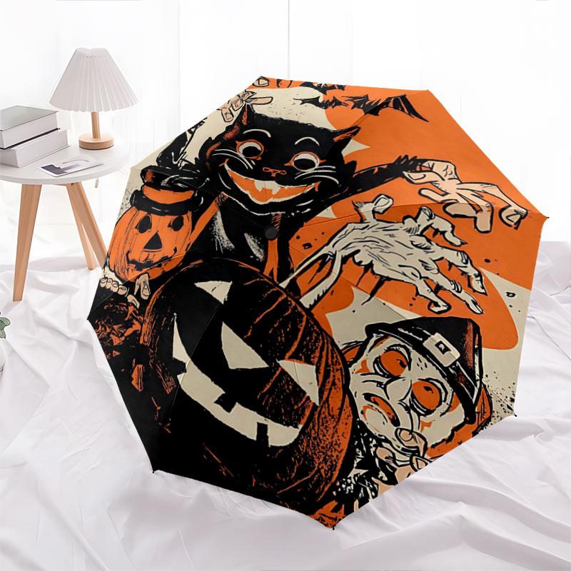 

1pc Halloween Spooktacular Black Cat & Pumpkin Automatic Opening and Closing Umbrella - Suitable for Various Occasions, Outdoor Activities, Lightweigh