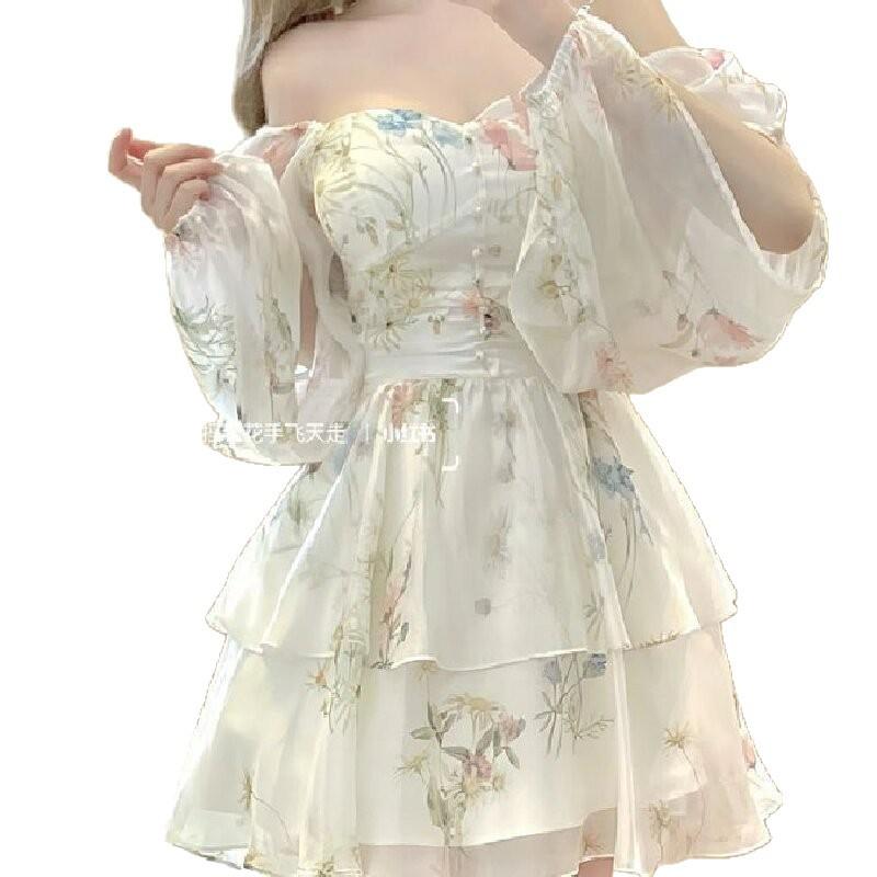 French floral long-sleeved dress children early autumn French first love princess tutu skirt waist small short skirt