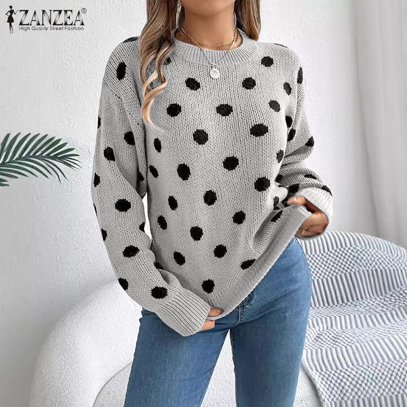 ZANZEA Womens Casual Crew Neck Polka Dots Knitted Pullovers Sweaters Jumpers