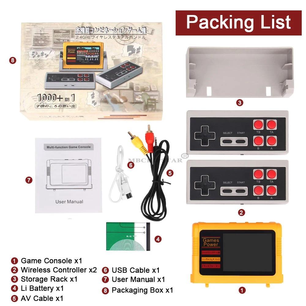 Retro Game Console 3'' Screen, Built-in 1000 Classic Games and 2 Wireless Controllers, Support TV Connection & Double Play, Handheld Cassette Game