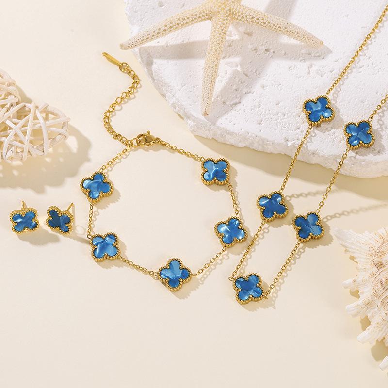 Set da 3 pezzi in acciaio al titanio, resistente allo sbiadimento, a doppia faccia, con quadrifoglio, moda donna, elegante, lusso leggero, collana per clavicola e braccialetto