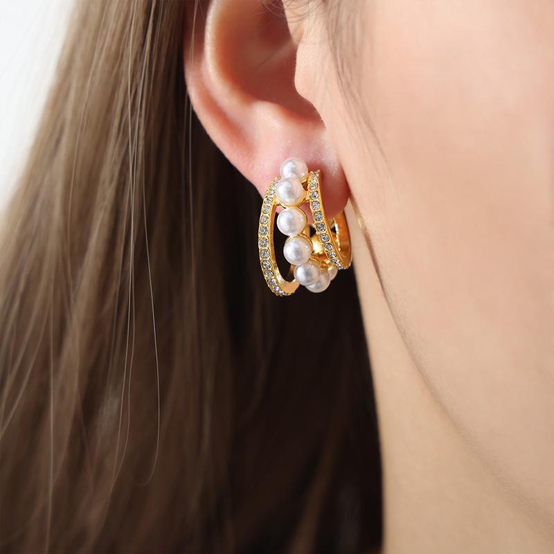 French Geometric Mother-of-Pearl Rhinestone Earrings, 18K Gold Titanium Steel, Non-Fading Vintage Style