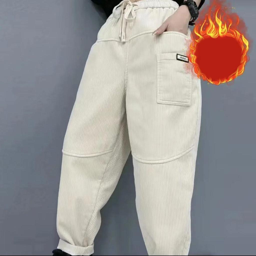Women's Thickened Fleece Lined Corduroy Harlan Pants Winter Fashion Long Trousers Elastic Waist Loose Versatile Trendy