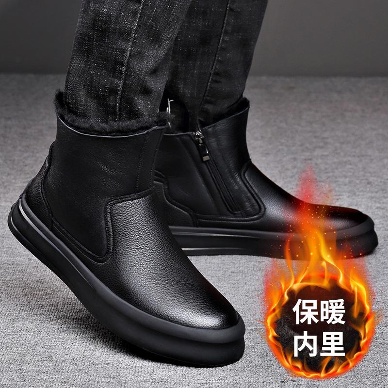 Fashion Black Wool Snow Boots for Men Winter Genuine Leather Warm Cotton Shoes Male  Fashion Casual New Designer Ankle Boots Men