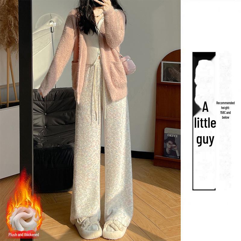 "Rainbow Velvet Wide-Leg Glutinous Rice Pants: Women's High-Waisted, Soft, Knitted, Casual Drape Trousers for Autumn/Winter"