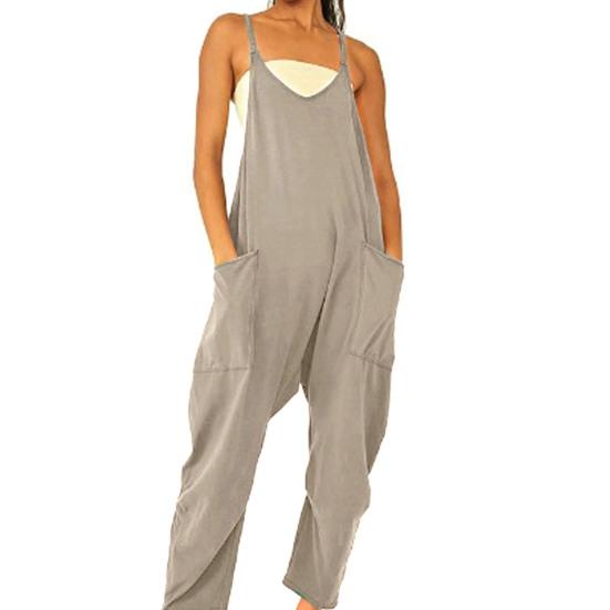 

Женский комбинезон с низким вырезом и V-образным вырезом, свободный однотонный охлаждающий комбинезон без рукавов с открытой спиной и глубоким шаговым швом, летний комбинезон для повседневной носки XL серый