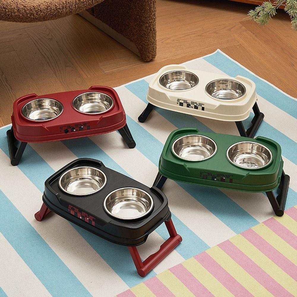 Plastic/Stainless Steel Double Cat Bowl Non-Slip Cat Feeding Bowl  for Puppy Kitten