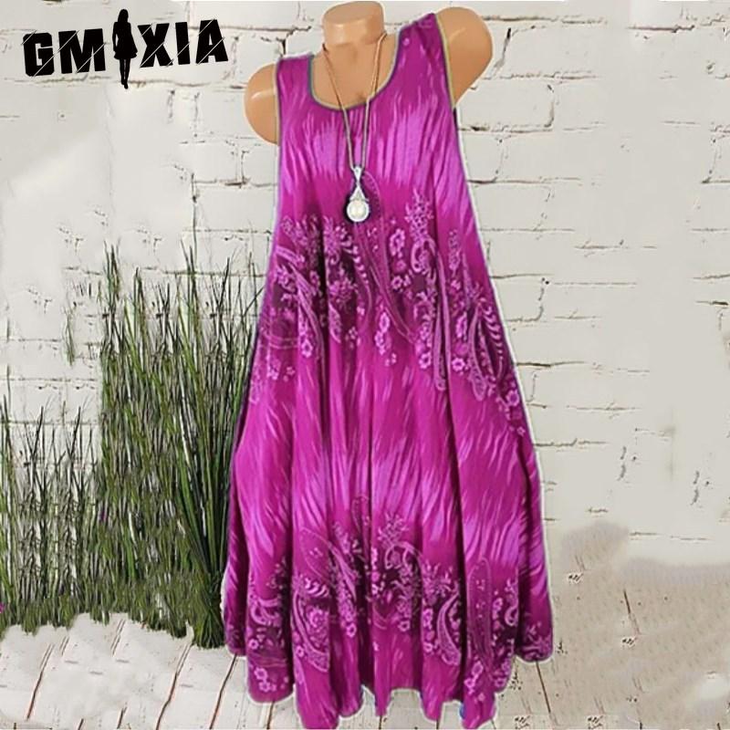 Sleeveless Women Floral Gmxia Summer Print Round Neck Dress