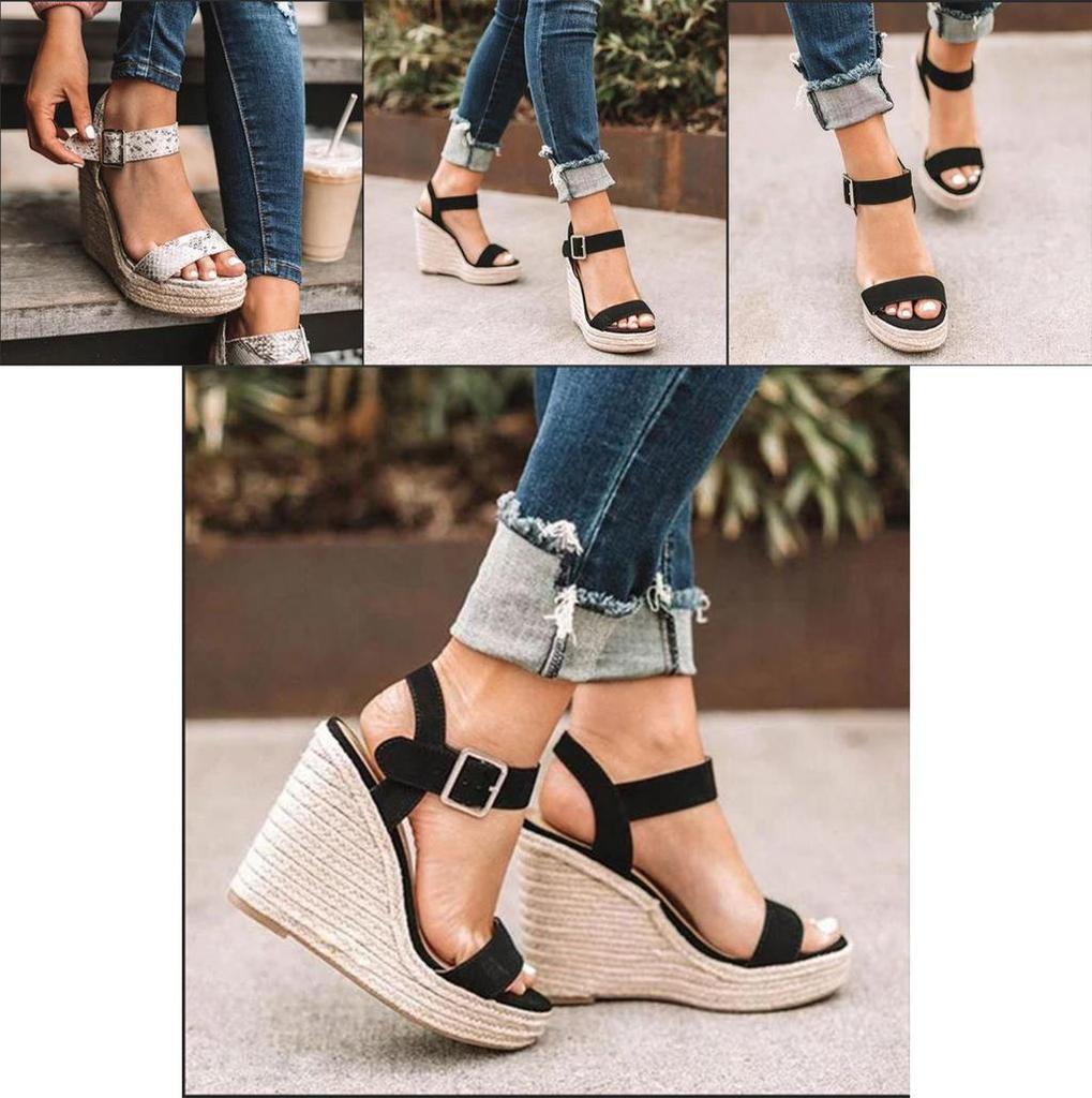 Elegant Summer Hemp Ladies Peep Toe Rope Wedge Sandals With Buckle Ankle Strap