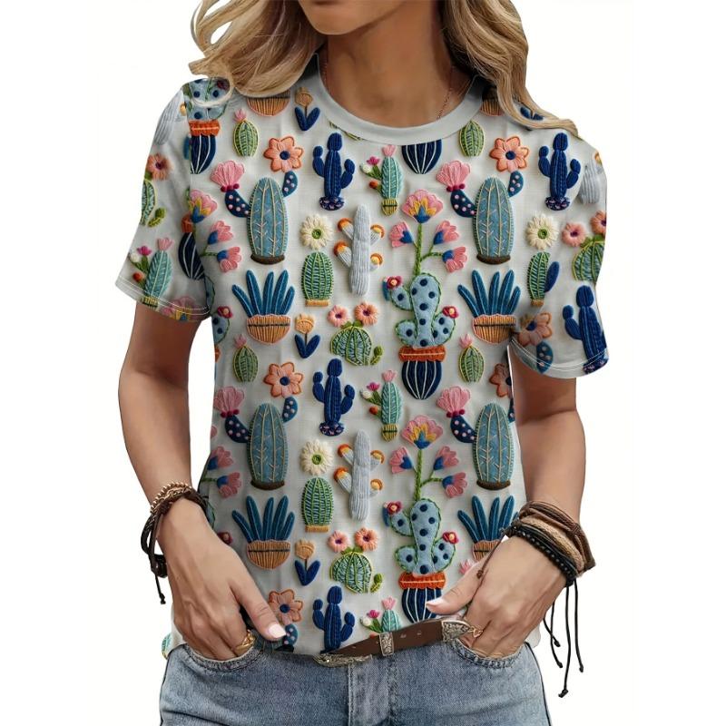 Women's Fashion T Shirt Oil Floral Pattern Fashion Short Sleeve Round Neck Short Sleeve T Shirt Top Casual Short Sleeve T Shirt