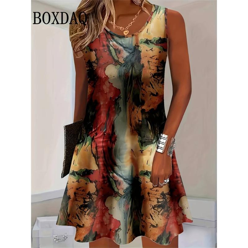

2025 Summer Women s Sleeveless Dress Casual Tank Women s Floral 3D Print Dress Beach Boho Style Sundress Loose Vest Short Dress L