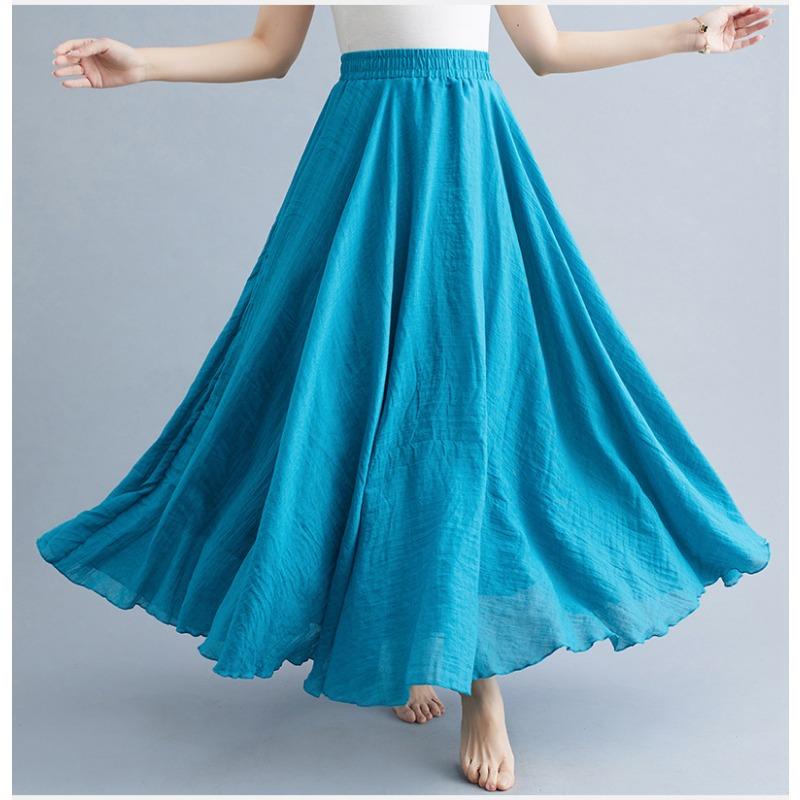 Long A-line Skirt In Cotton and Linen with Elastic Waist In Pure Color for Summer and Autumn
