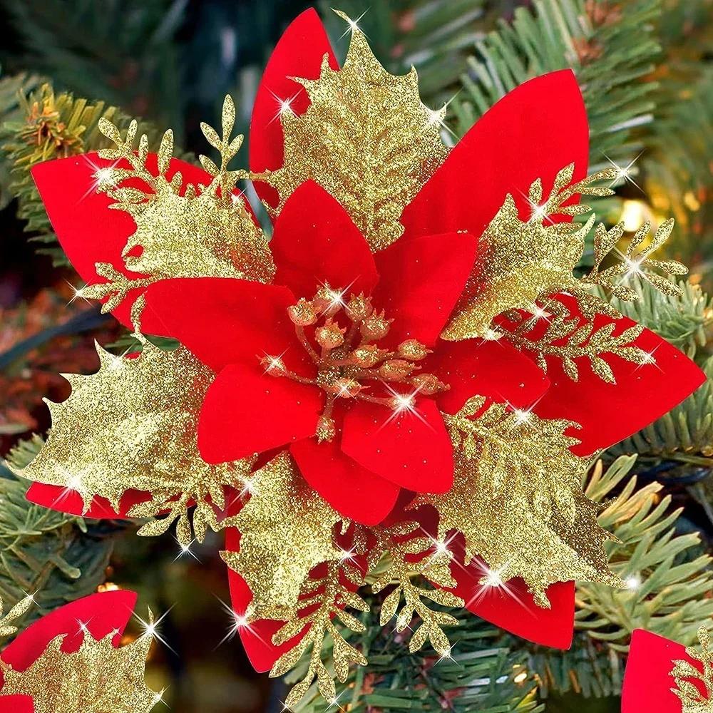 5 Stück Künstliche Blumen Weihnachten Blumenschmuck mit Clips Weihnachtsbaum Hängende Ornamente Kunstblume für Neujahrsparty Deko Geschenke