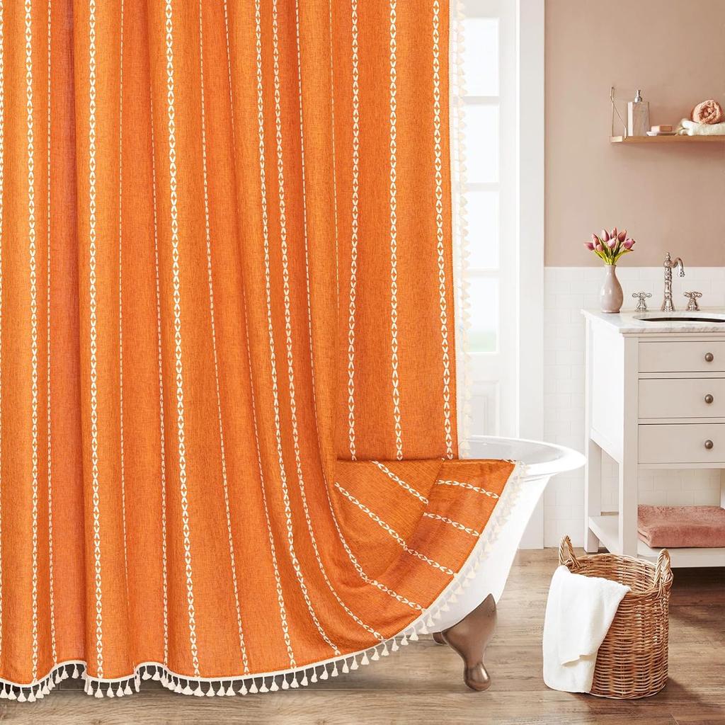 300GSM Thickened Polyester Linen Blend Shower Curtain, Waterproof Lotus Coating, Vertical Stripes with Tassel Hem