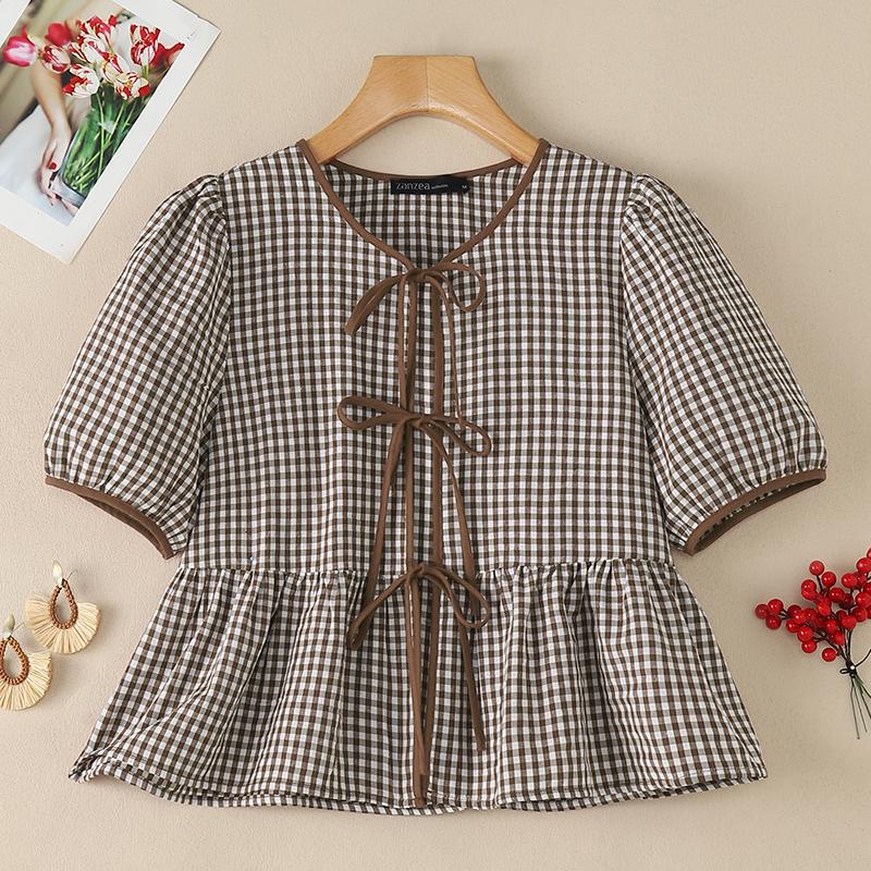 ZANZEA Women Plaid Print Casual Round Neck Short Sleeve Blouse