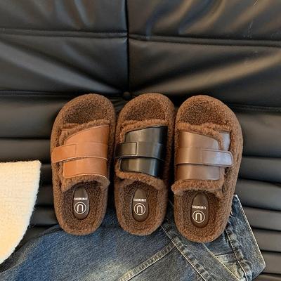 Französische Premium Braune Klettverschluss Boken Schuhe Damen Herbst und Winter Lammvlies Fee Lässige Flauschige Hausschuhe