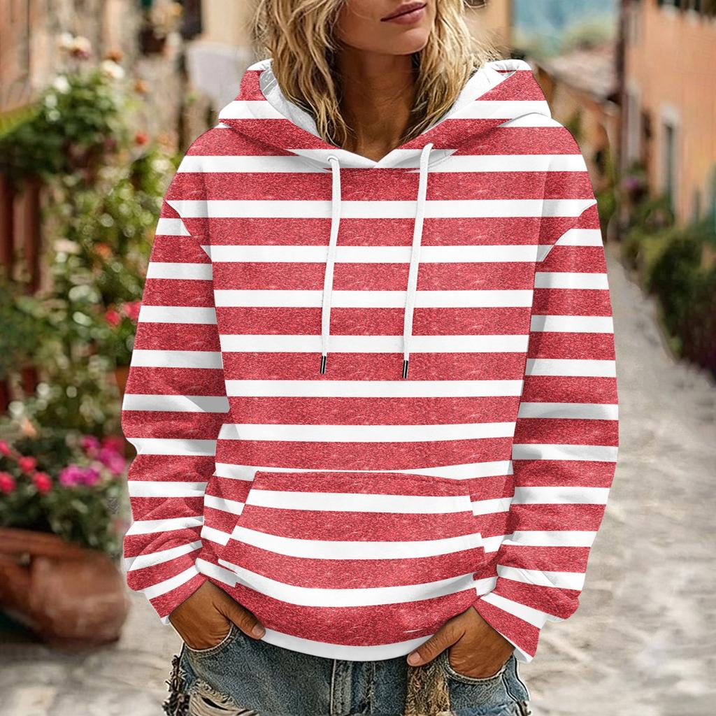 Women's Striped Print Casual Long Sleeve Hoodie with Pocket and