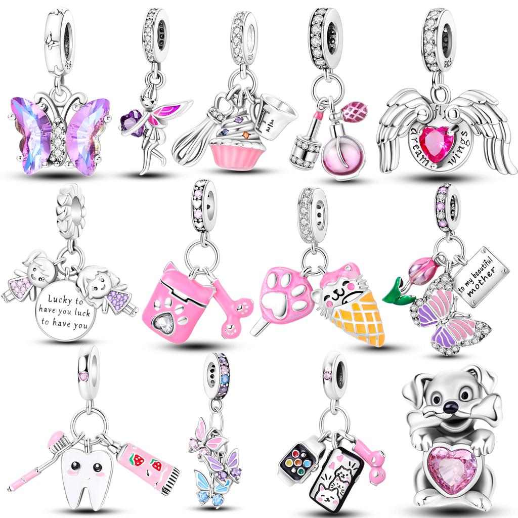 Pink Color Series Charms Beads Copper Cute Girl Pink Dangle Flower Heart Shape Pendant Fit Bangle Bracelet Necklace Jewelry