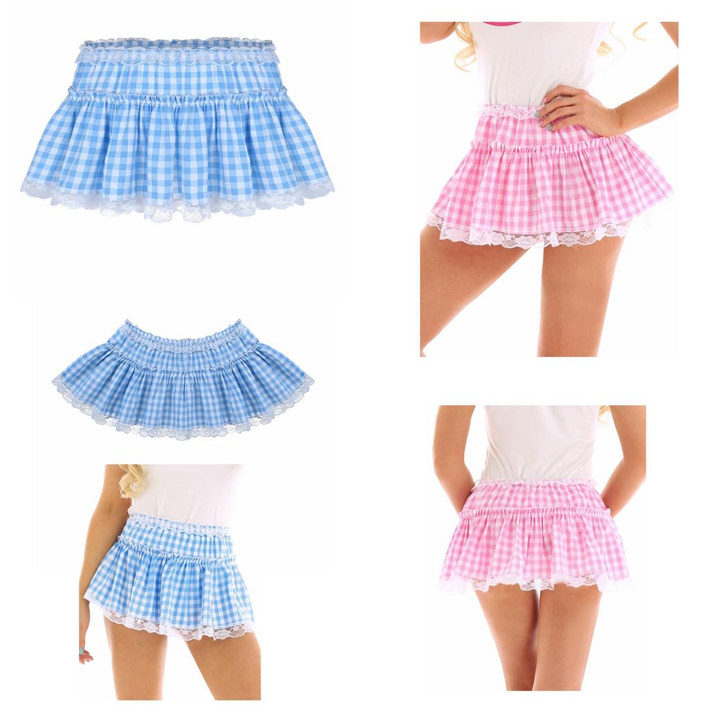 Unisex Women Men Sissy Elastic Waistband Lace Hem Pleated Short Gingham A-line Mini Skirt