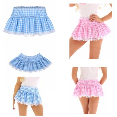 Unisex Men Women Schoolgirls Cocktail Party Clubwear Sexy Skirts Short Skirt with Lace Hem Pleated Gingham A-line Mini Skirt