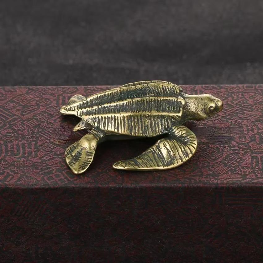 1 Pcs Antique Brass Turtle Figurine Solid Copper Office Desk Decor Cross-Border Craft Collectible with Engraving Metal Casting