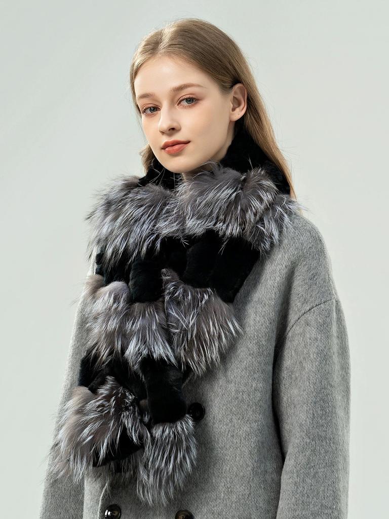 Luxury Korean Women's Medium Winter Eco-Friendly Multifunction Rex Rabbit Fur Scarf Silver Fox Fur Muffler Elegant Accessory for