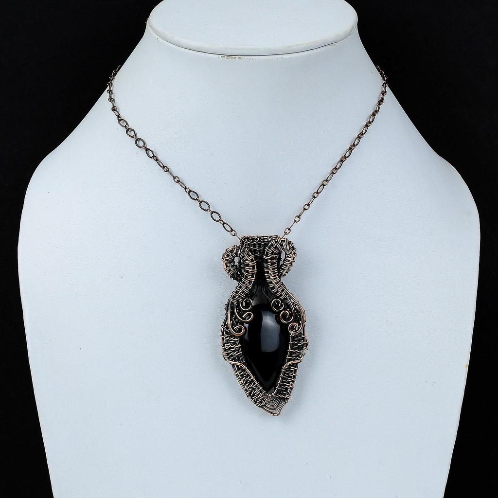 Black Onyx Gemstone Pure Copper Wire Wrapped Handmade Pendant Jewelry For Christmas Gift