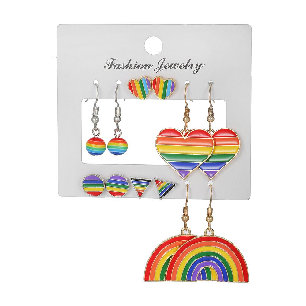 6 Pairs of INS Style Earrings: Alloy Oil Drop, Heart, and Rainbow Designs