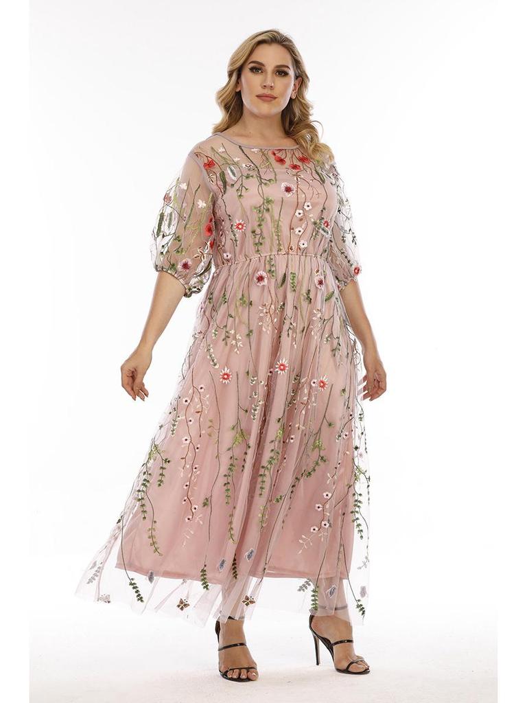 Hepburn Style Plus Size Evening Gown: Women's Mesh Embroidery Banquet Party Dress