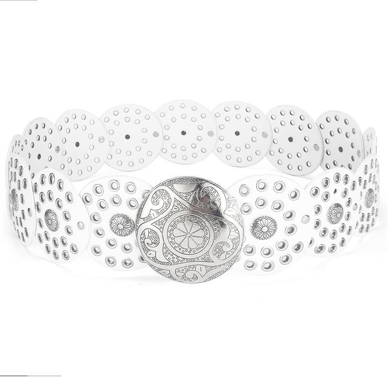 

Ретро поясной ремень женский полый сращивающийся газовый глаз женский персонализированный антикварный ремень Length 107 Width 8.5 белый