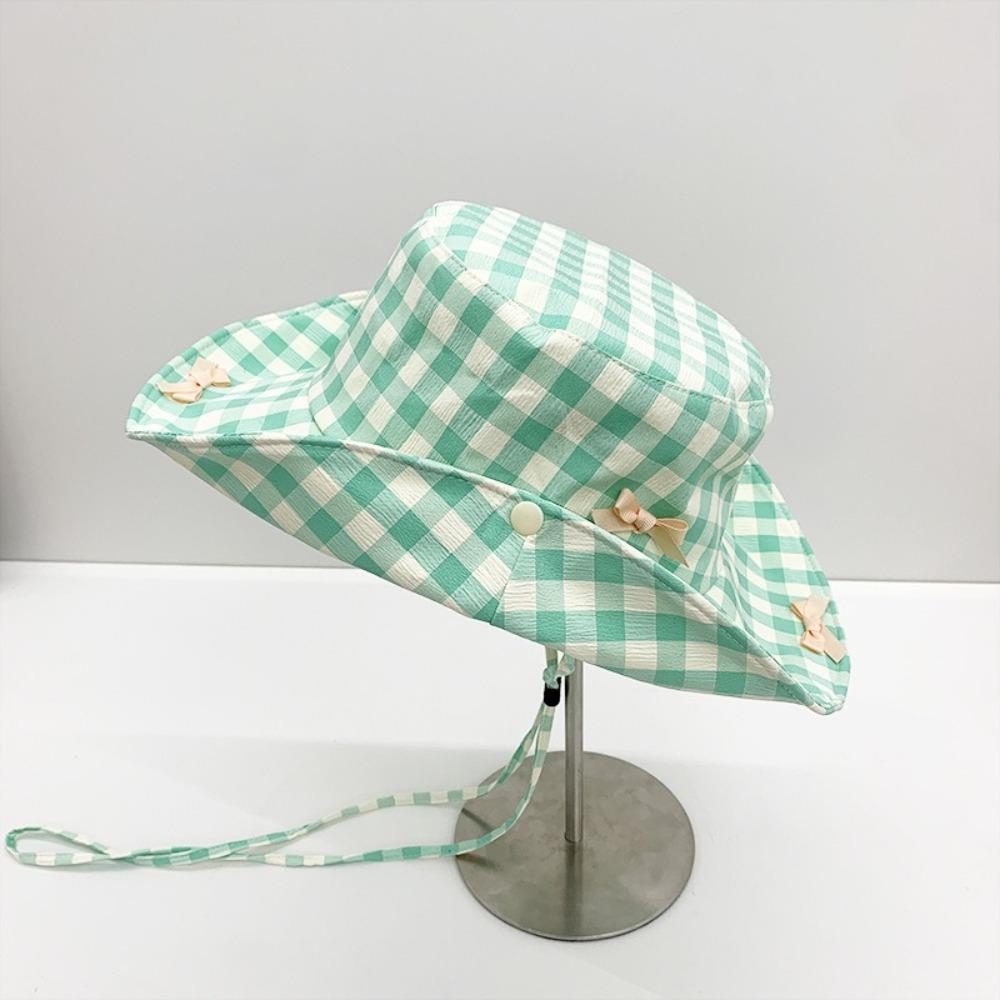 Small Lattice Drawstring Sun Hat Versatile Bow Bucket Hat Fashion Hiking Fisherman Hat  Famale