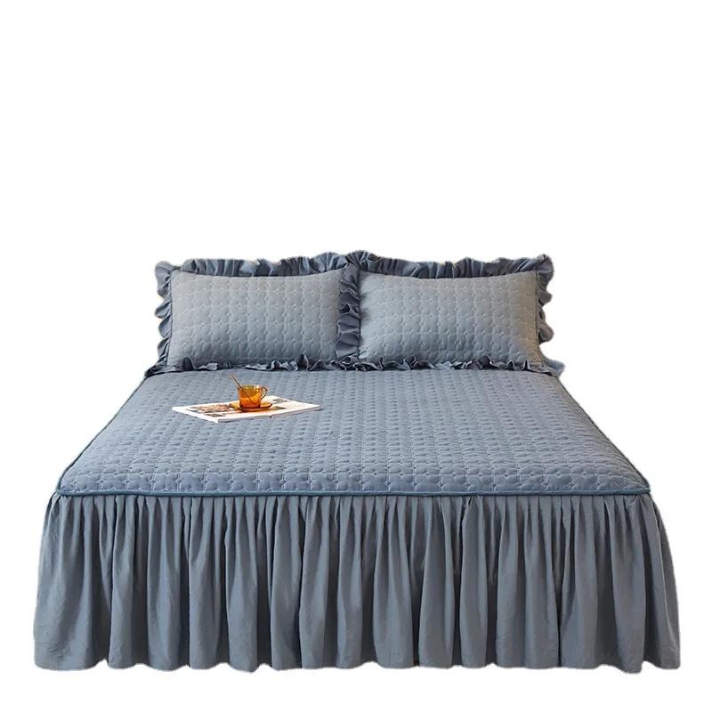 Solid Color Quilted Polyester Bed Sheet Bed Skirt Dual-use Bed Cover Simple Princess Style Kit Non-slip Dust-proof MattressCover
