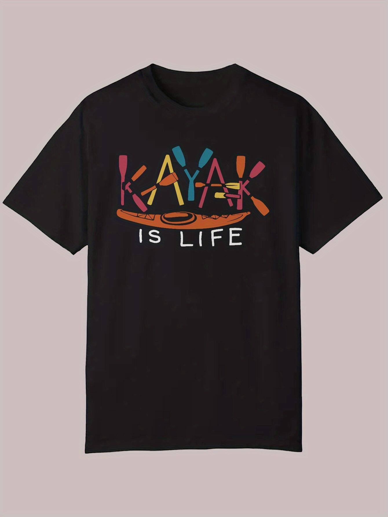 Summer Casual Short Sleeve T-shirt - Black Kayak Graphic Print L